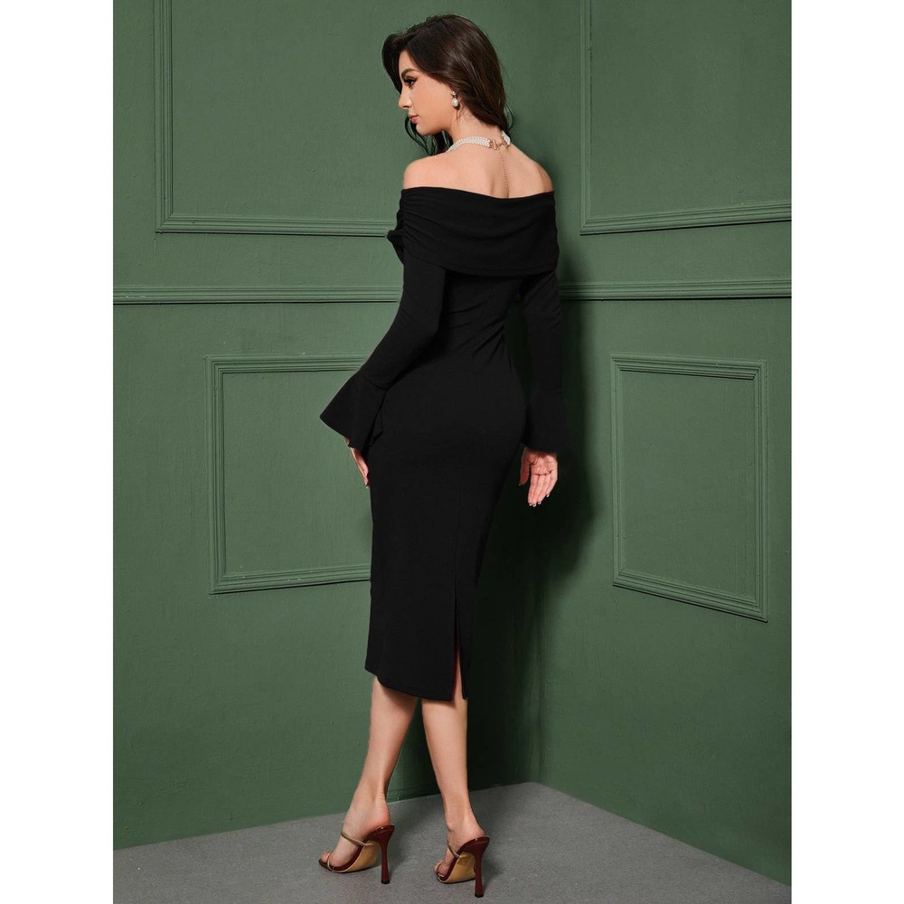 Foldover Off the Shoulder Flounce Sleeve Bodycon midi dress maroon burgundy red - Picture 7 of 11